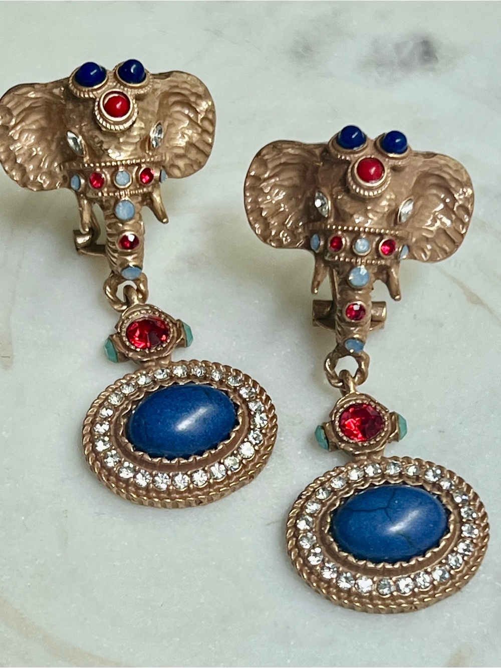 Vintage Gold-Tone Elephant Drop Earrings with Blue and Red Stones-Pierced